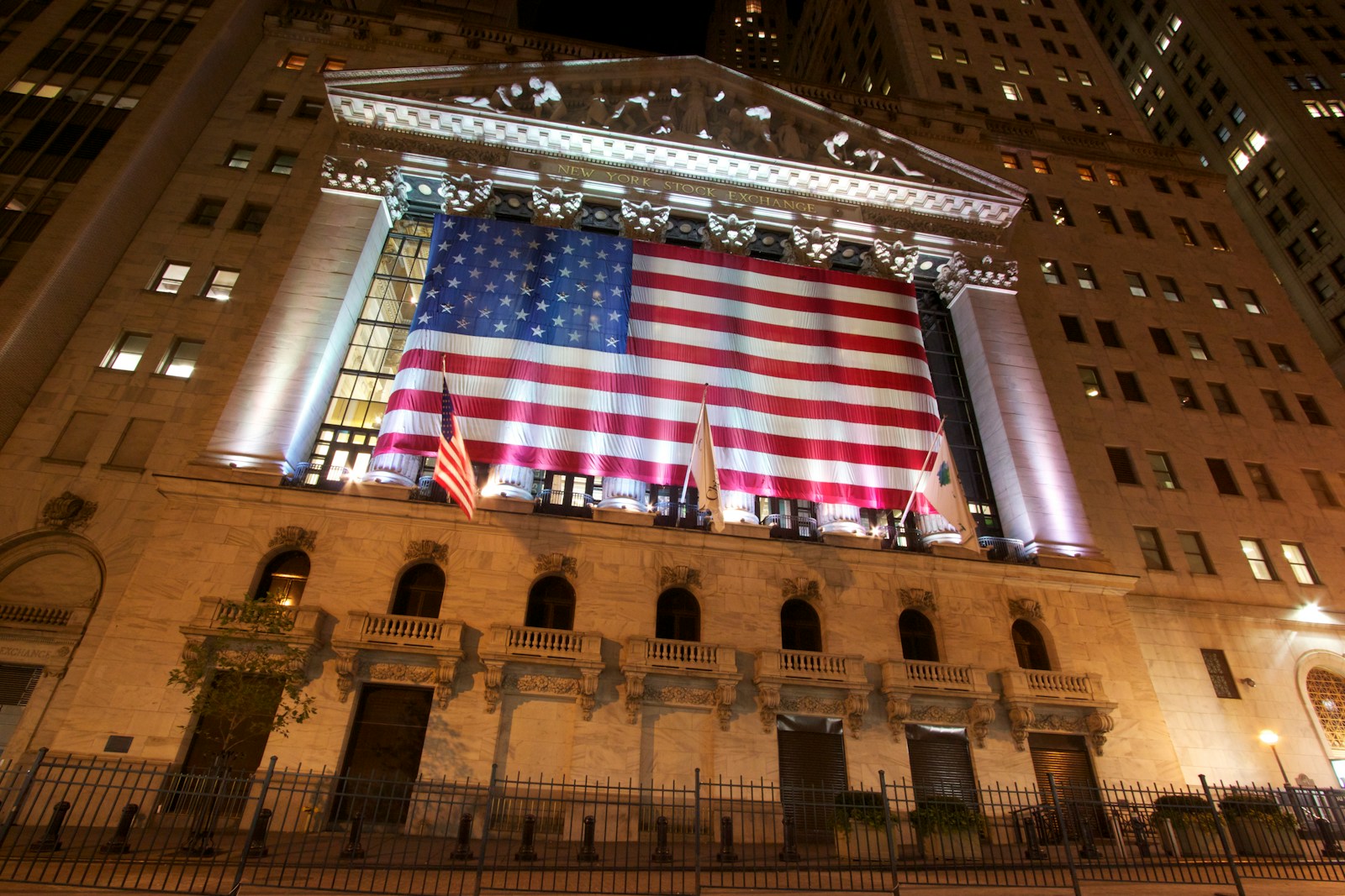 a large flag from the ceiling of a building