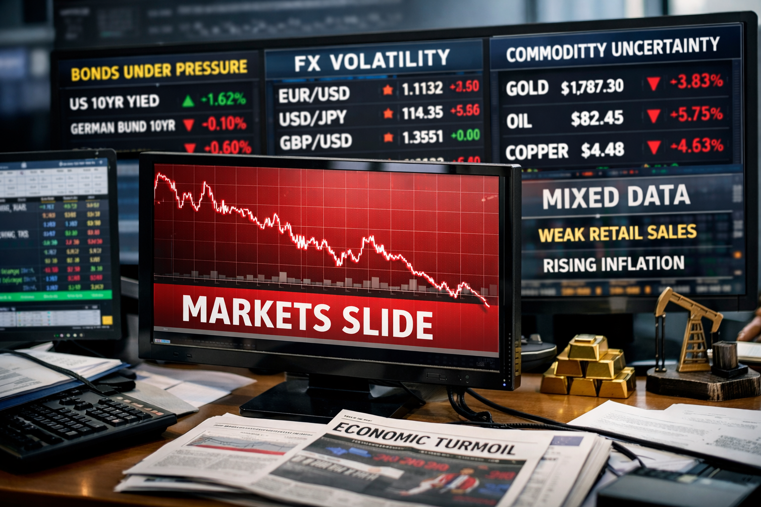 Stocks slip on mixed data; bonds, FX, and commodities reflect rising macro uncertainty