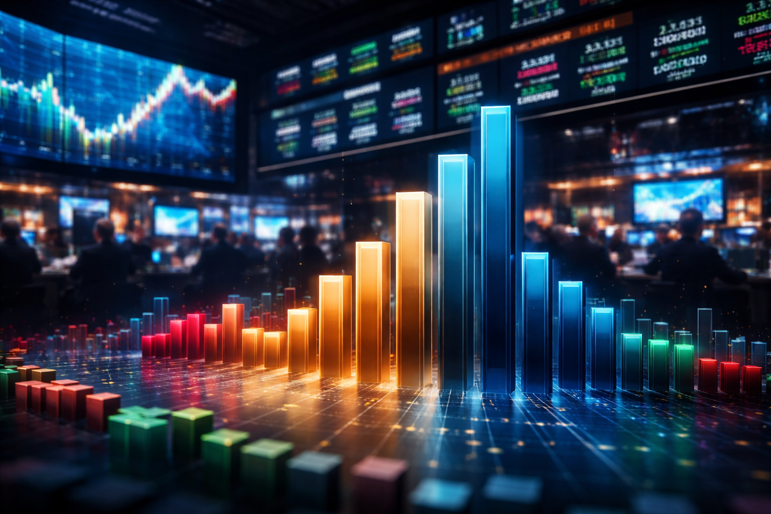 A stock exchange trading floor with glowing bar charts showing a few tall bars dominating many smaller ones, symbolizing concentrated market gains.