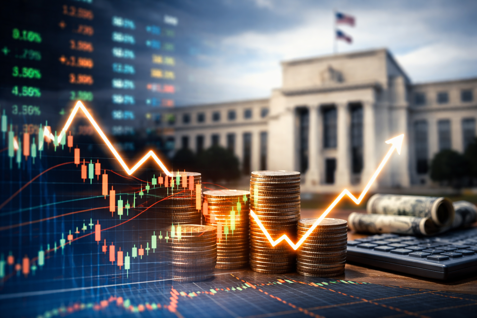 Stacks of coins and financial market charts in the foreground with the U.S. Federal Reserve building blurred in the background, symbolizing shifting interest rate expectations.