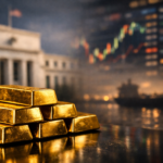 Stack of gold bars in focus with a blurred central bank-style building, market charts, and an oil tanker in the background.