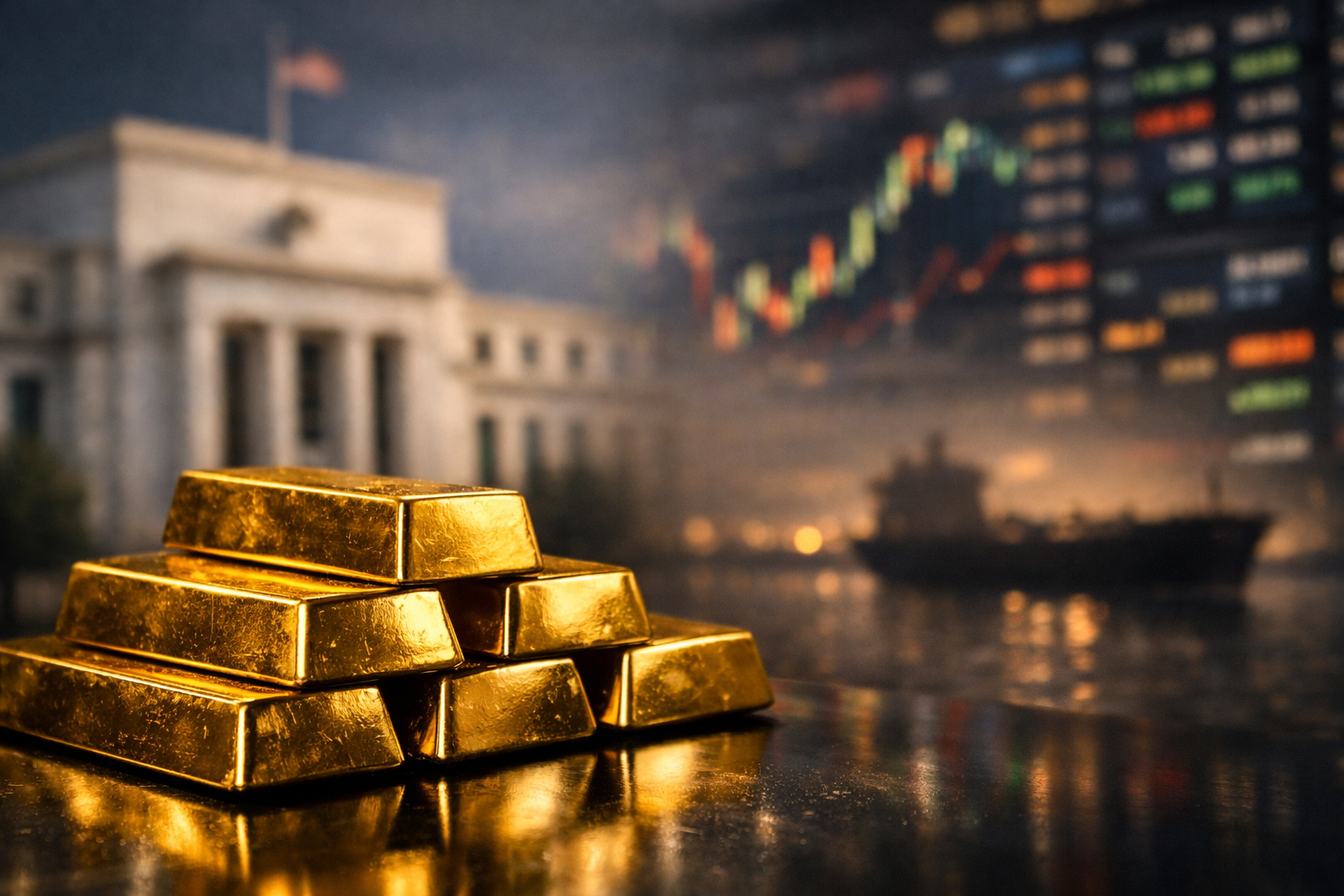 Stack of gold bars in focus with a blurred central bank-style building, market charts, and an oil tanker in the background.