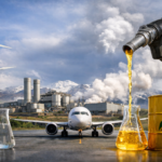 Synthetic aviation fuel concept showing clean energy infrastructure, geothermal power, and a commercial jet on the runway