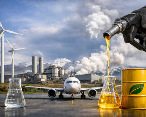 Synthetic aviation fuel concept showing clean energy infrastructure, geothermal power, and a commercial jet on the runway