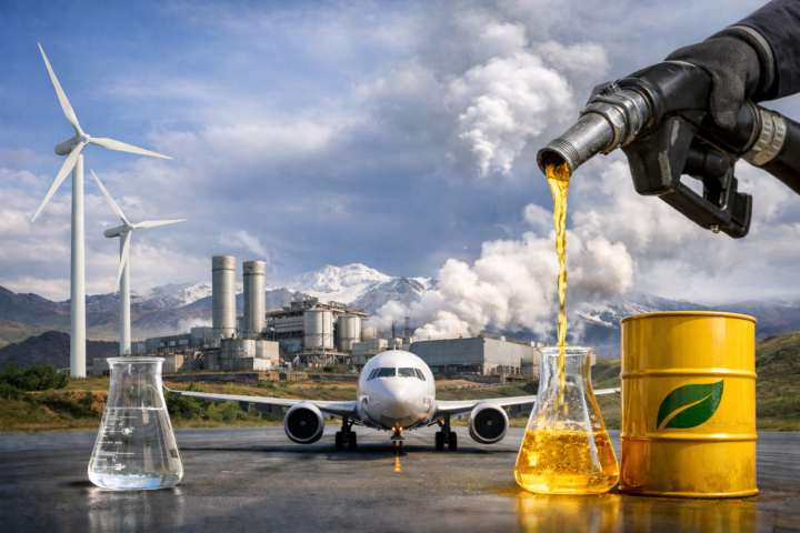 Synthetic aviation fuel concept showing clean energy infrastructure, geothermal power, and a commercial jet on the runway