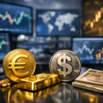 Euro and dollar coins beside a gold bar and yen banknotes on a trading desk, with blurred market charts in the background.