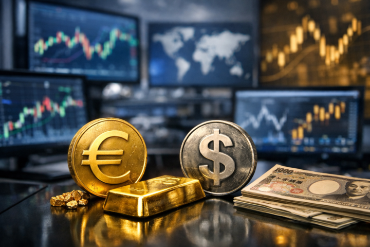 Euro and dollar coins beside a gold bar and yen banknotes on a trading desk, with blurred market charts in the background.