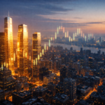 Aerial city skyline at dawn with a few brightly lit skyscrapers dominating, with faint candlestick-chart light reflections over the scene.