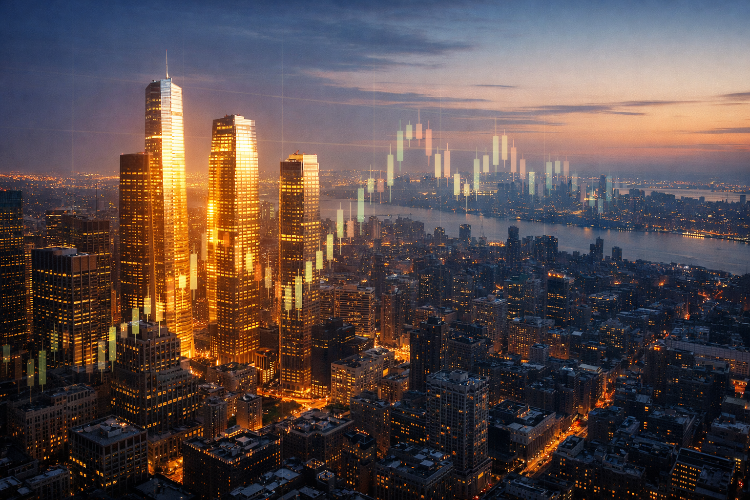 Aerial city skyline at dawn with a few brightly lit skyscrapers dominating, with faint candlestick-chart light reflections over the scene.