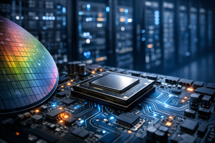 Close-up of an advanced AI processor on a circuit board beside a silicon wafer, with a blurred data-center server room in the background.