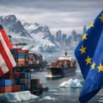 A cargo ship passes stacked shipping containers in icy waters, framed by U.S. and EU flags with snowy mountains behind.