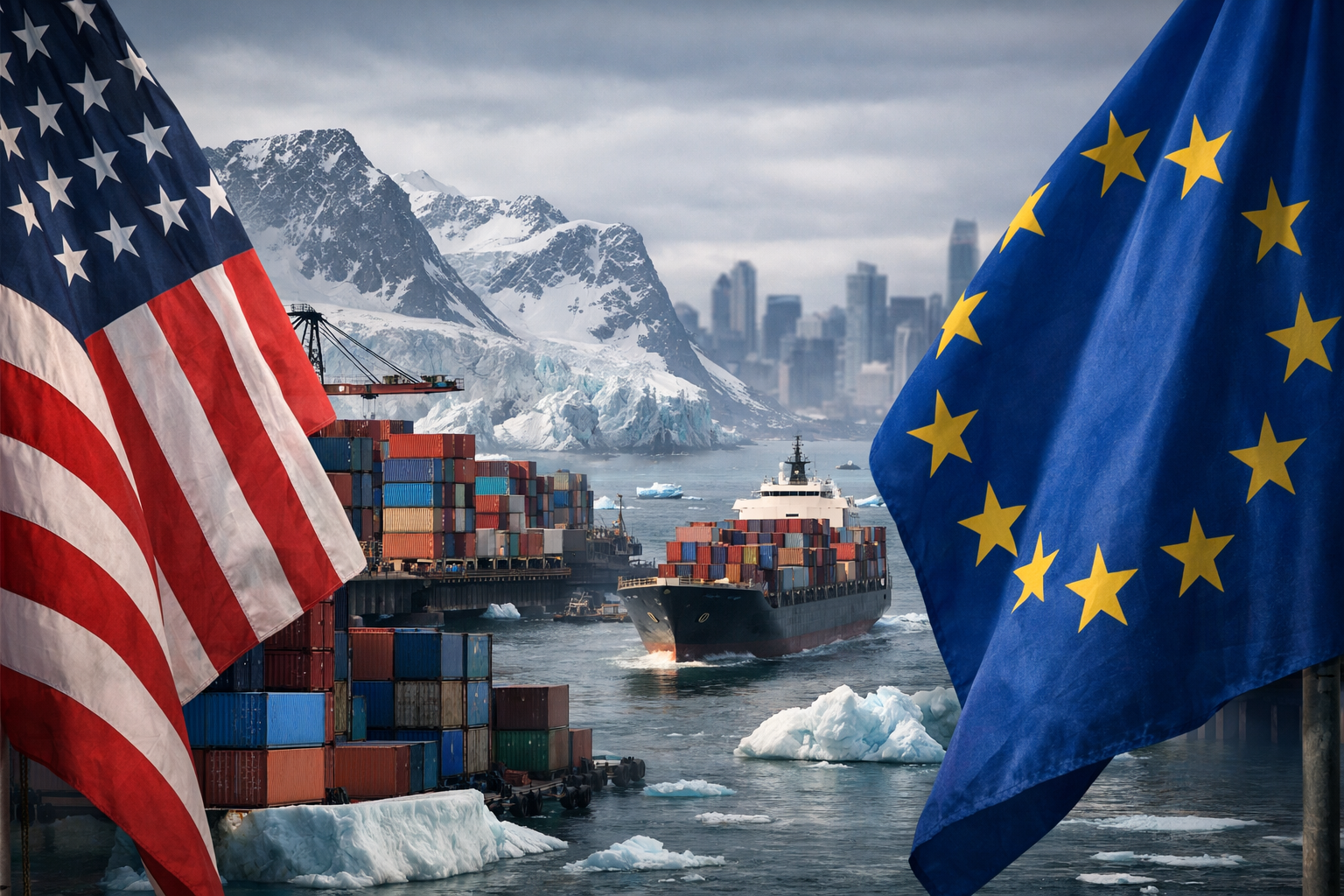 A cargo ship passes stacked shipping containers in icy waters, framed by U.S. and EU flags with snowy mountains behind.