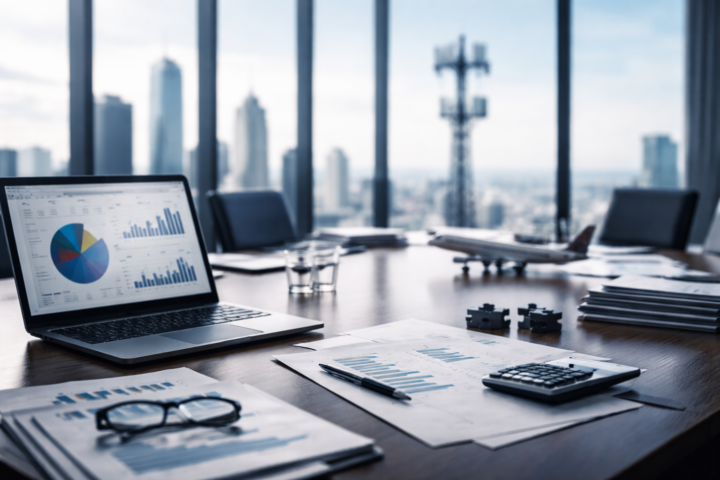 Corporate boardroom table with financial charts on a laptop, reports, calculator, and a model airplane, set against a city skyline.