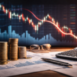 Stacks of coins and financial papers on a desk with a calculator and a blurred trading chart in the background trending downward.