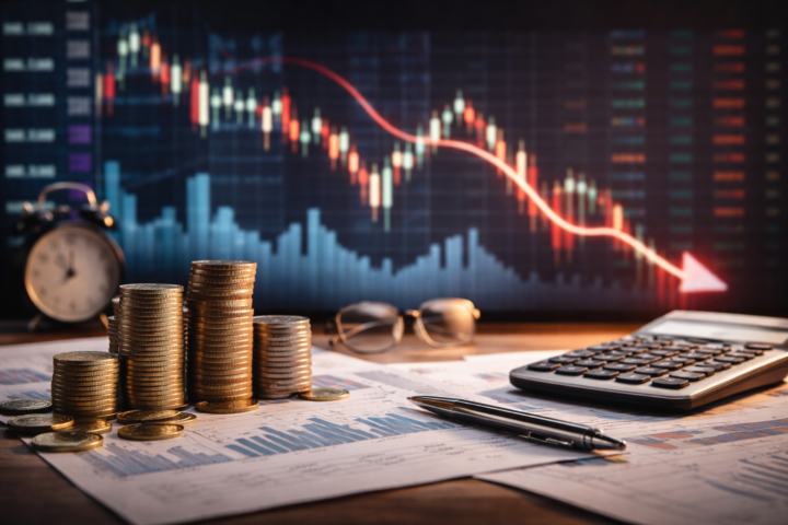 Stacks of coins and financial papers on a desk with a calculator and a blurred trading chart in the background trending downward.