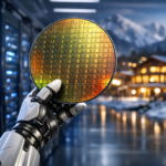 A robotic hand holding a colorful silicon wafer in front of glowing data-center servers, with snowy mountains and warm-lit buildings blurred in the background.