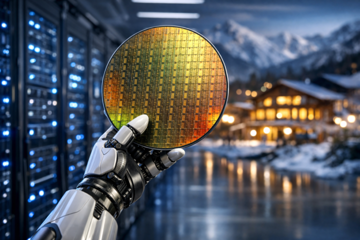 A robotic hand holding a colorful silicon wafer in front of glowing data-center servers, with snowy mountains and warm-lit buildings blurred in the background.