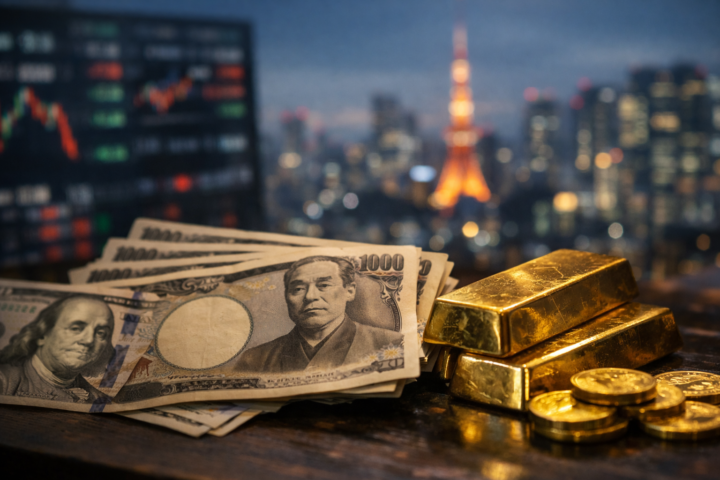 Gold bars and coins beside Japanese yen and U.S. dollar banknotes with a blurred Tokyo skyline in the background.