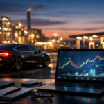 A laptop with stock-style chart graphics on screen sits on a desk in the foreground while an electric sedan charges at a station near an illuminated industrial facility at dusk.