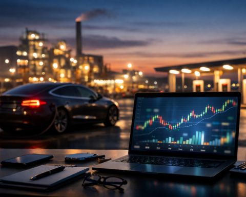 A laptop with stock-style chart graphics on screen sits on a desk in the foreground while an electric sedan charges at a station near an illuminated industrial facility at dusk.
