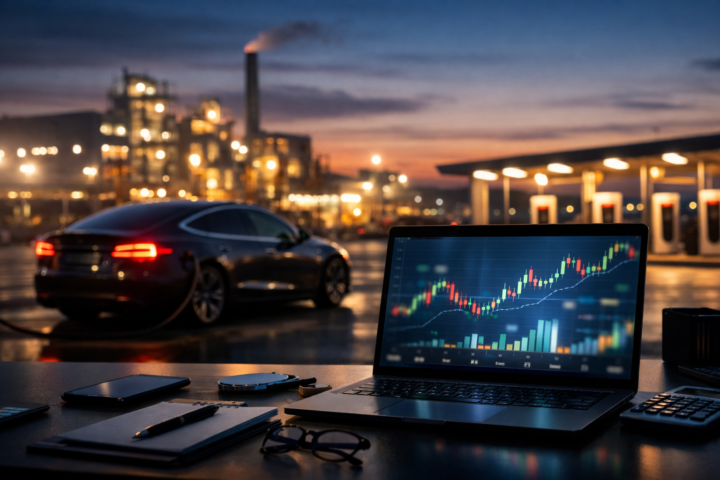 A laptop with stock-style chart graphics on screen sits on a desk in the foreground while an electric sedan charges at a station near an illuminated industrial facility at dusk.