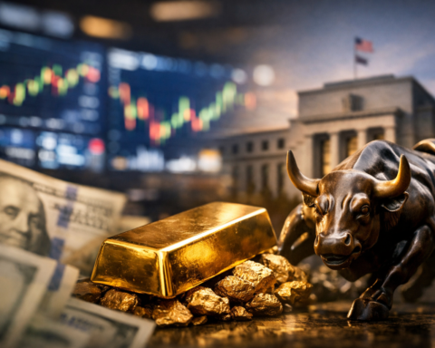 Gold bar and Wall Street bull in foreground with U.S. dollar bills and blurred market charts near a central bank building.