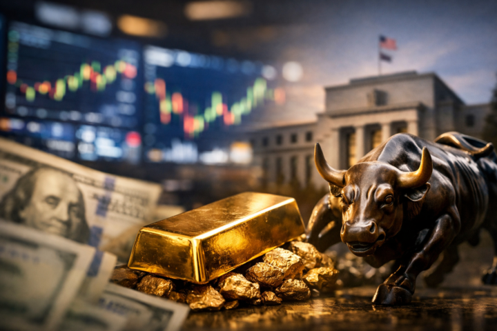 Gold bar and Wall Street bull in foreground with U.S. dollar bills and blurred market charts near a central bank building.