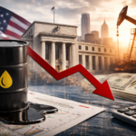 A black oil barrel with a gold droplet icon sits on a desk beside financial charts and cash, with a red downward arrow over a backdrop of the Federal Reserve-style building and an oil pump jack at sunset.