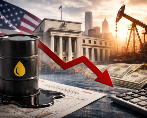 A black oil barrel with a gold droplet icon sits on a desk beside financial charts and cash, with a red downward arrow over a backdrop of the Federal Reserve-style building and an oil pump jack at sunset.