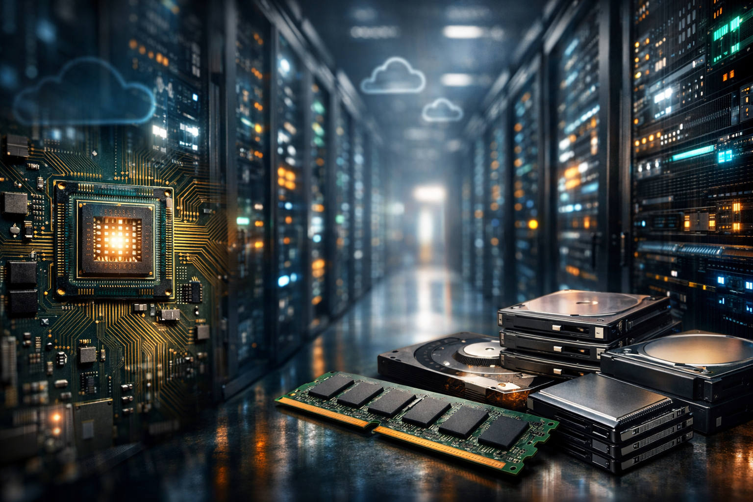 Photorealistic data-center aisle with illuminated server racks, overlaid with a close-up AI chip on a circuit board and foreground hard drives and memory modules, no text.