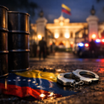 Oil barrels and handcuffs on wet pavement with Venezuelan flag colors reflected, police lights and a government building blurred in the background.