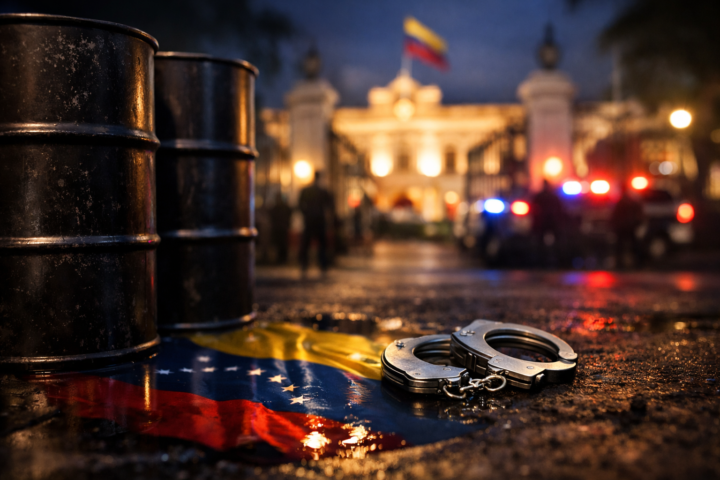 Oil barrels and handcuffs on wet pavement with Venezuelan flag colors reflected, police lights and a government building blurred in the background.