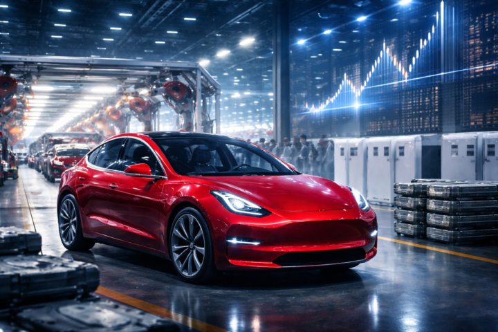 A red electric sedan on a modern automotive assembly line with industrial robots, stacked battery packs, and an abstract upward financial chart on a large screen in the background.