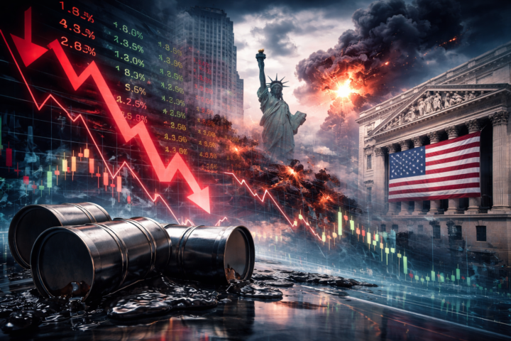 Oil barrels spilled in the foreground with falling market charts, the New York Stock Exchange and Statue of Liberty amid stormy skies, symbolizing global market volatility.