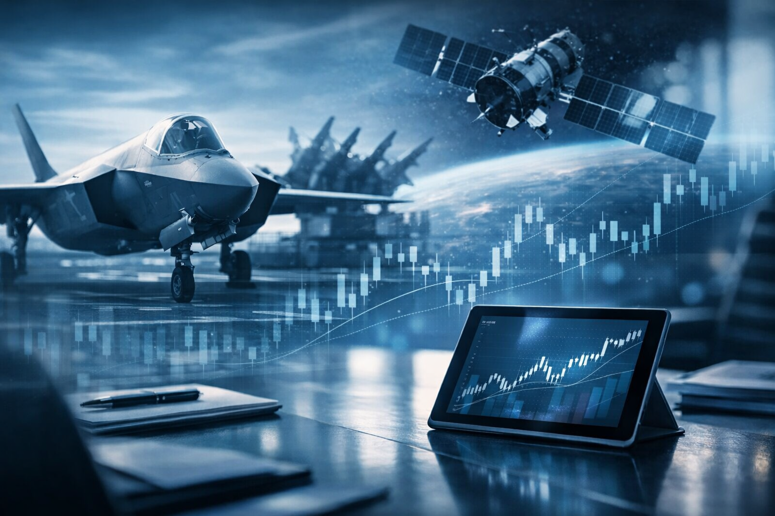 A modern fighter jet and orbiting satellite above a financial chart on a tablet, symbolizing defense spending and investor focus.