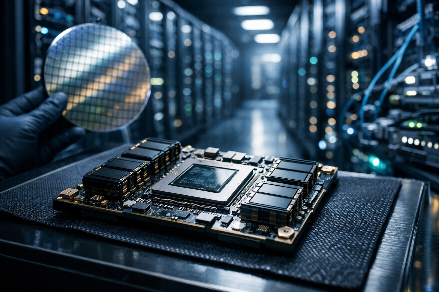 Close-up of an AI accelerator module with surrounding memory on a work surface, with blurred server racks and a semiconductor wafer in the background.