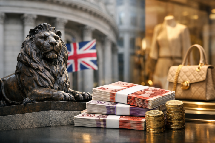 Bronze lion statue outside a neoclassical bank with a Union Jack, beside stacks of British banknotes and coins in front of a luxury storefront display.
