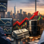 Traders at multi-monitor desks with market charts, an oil barrel and U.S. currency in the foreground, and a city skyline at sunset.