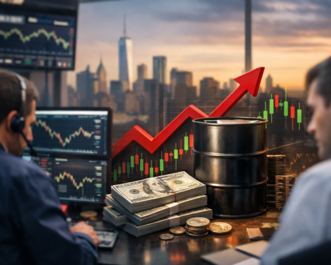 Traders at multi-monitor desks with market charts, an oil barrel and U.S. currency in the foreground, and a city skyline at sunset.