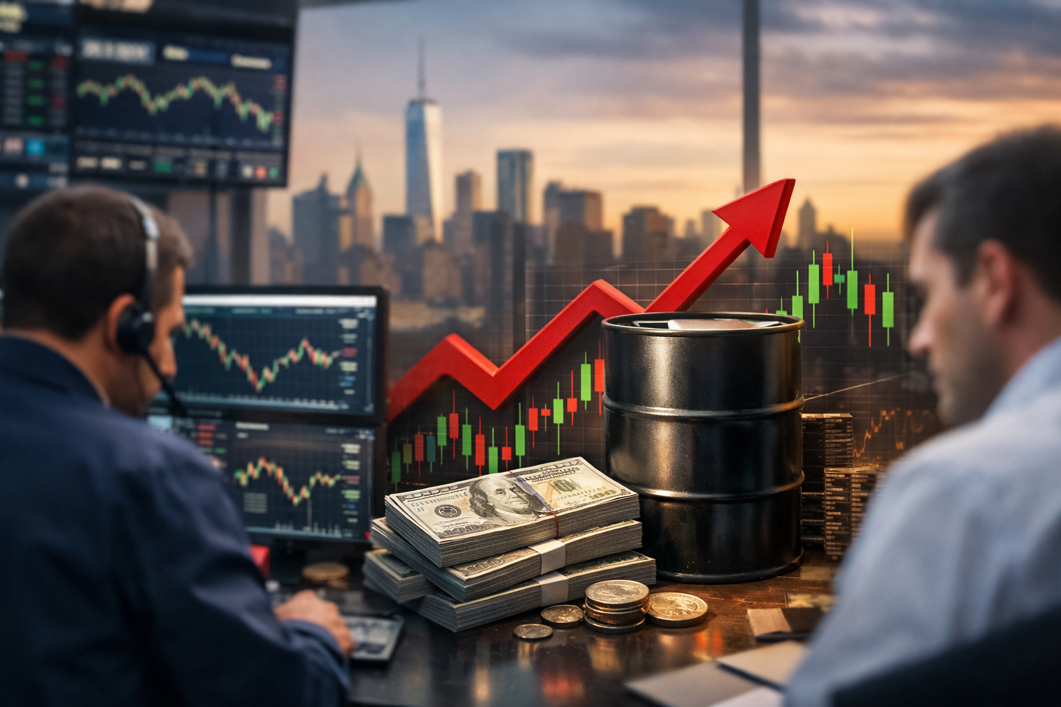 Traders at multi-monitor desks with market charts, an oil barrel and U.S. currency in the foreground, and a city skyline at sunset.