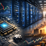 Photorealistic montage of an AI chip on a circuit board, rows of blue-lit data center servers, electric transmission towers at sunset, and financial market charts and coins—no text.
