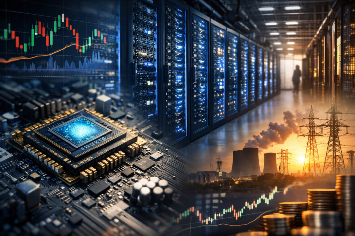 Photorealistic montage of an AI chip on a circuit board, rows of blue-lit data center servers, electric transmission towers at sunset, and financial market charts and coins—no text.