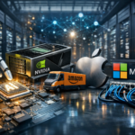 Photorealistic close-up of a glowing AI processor on a server board inside a high-tech data center, with blurred server racks and network cabling in the background.