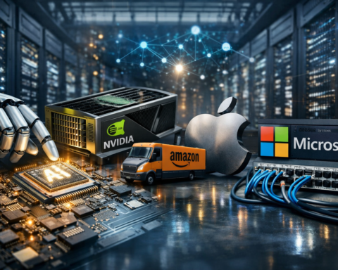 Photorealistic close-up of a glowing AI processor on a server board inside a high-tech data center, with blurred server racks and network cabling in the background.