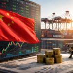 Chinese flag in front of a market display with rising chart candles, stacks of coins, and a bronze bull, with cargo cranes and shipping containers in the background.
