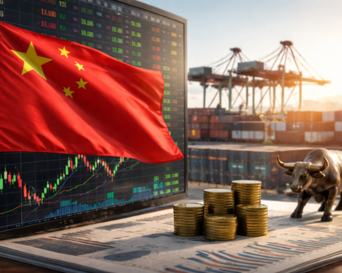 Chinese flag in front of a market display with rising chart candles, stacks of coins, and a bronze bull, with cargo cranes and shipping containers in the background.