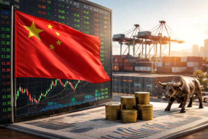 Chinese flag in front of a market display with rising chart candles, stacks of coins, and a bronze bull, with cargo cranes and shipping containers in the background.