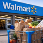 A full shopping cart with fresh groceries in the foreground outside a large big-box retail storefront on a bright day.