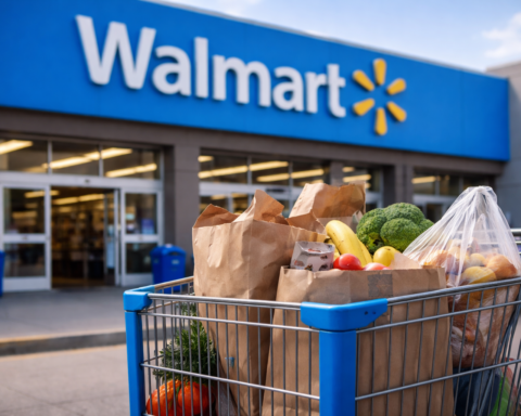 A full shopping cart with fresh groceries in the foreground outside a large big-box retail storefront on a bright day.