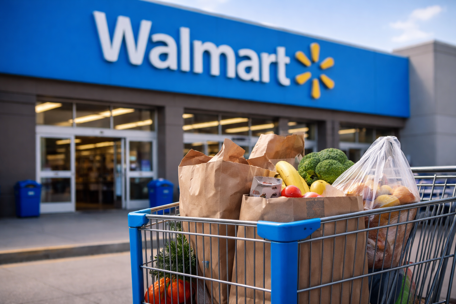 A full shopping cart with fresh groceries in the foreground outside a large big-box retail storefront on a bright day.
